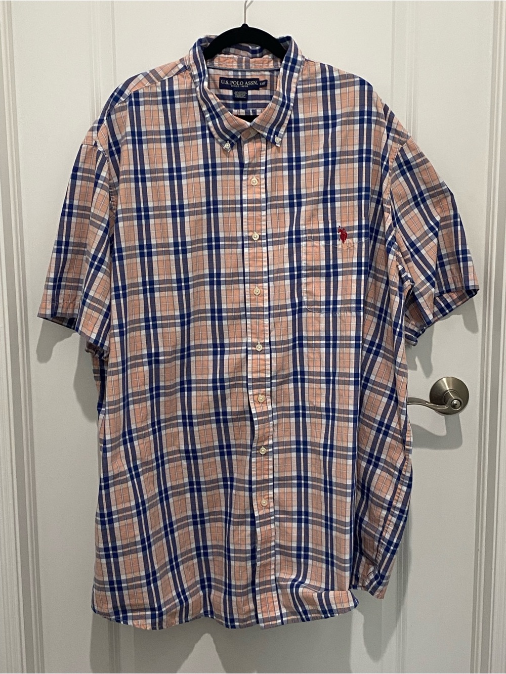 4XLT U.S. Polo Assn. Short-Sleeve Plaid Men’s Button-Down Shirt - Peach & Navy